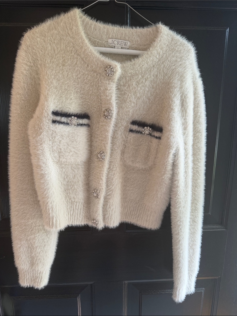 J. Crew Cream Fuzzy Cardigan with Jeweled Buttons and Navy Trim